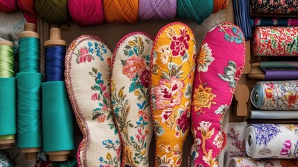 Fototapeta premium A beautifully arranged display of decorative hand-sewn oven mitts with floral stitching patterns