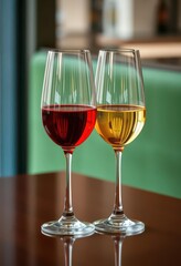 Two wine glasses, one red, one white, side-by-side on a table, red, delicious, drink