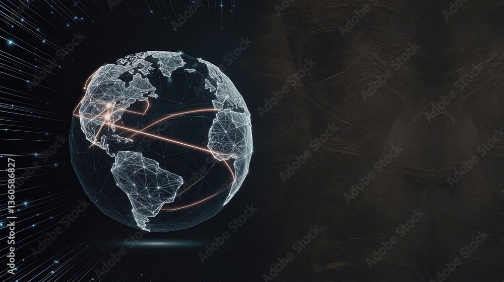 Poster global network: a digital representation of earth, interwoven with connecting lines and a network of