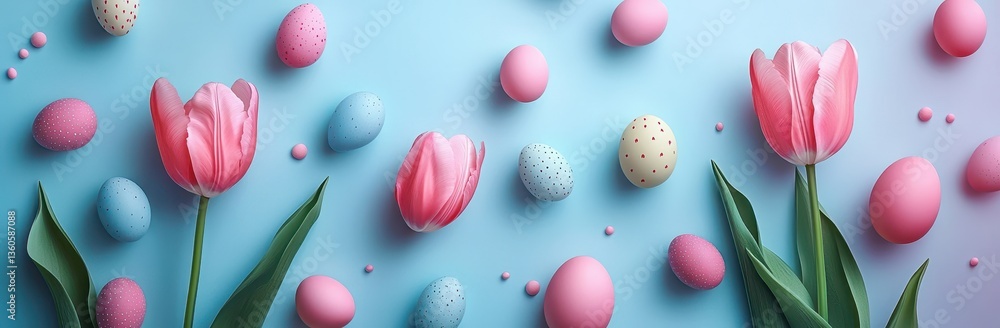 Poster vibrant spring flowers and colorful easter eggs on a soft blue background creating a joyful and fest
