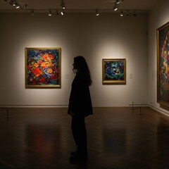 Obraz premium Art Gallery Visit: Engaging with Abstract Paintings on a Museum Wall, Illuminated by Spotlights