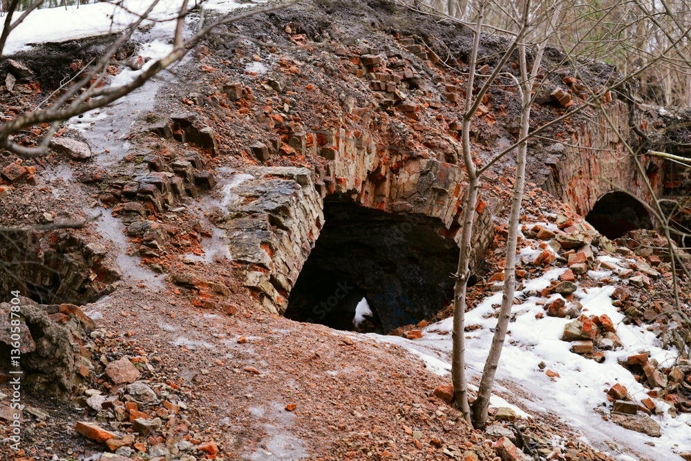 Poster a hidden cave in the midst of a snow-covered forest.