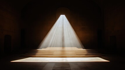 Naklejka premium Light rays illuminating a grand staircase in a dark space
