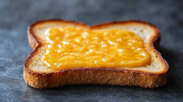 Close-up of a toasted bread slice with melted cheese, likely for breakfast or snack