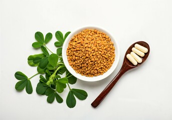 Fenugreek seeds, leaves, and capsules on a white background