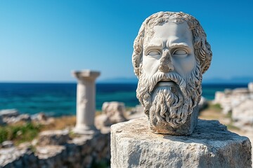 Obraz premium Marble bust of an ancient Greek philosopher with detailed features and a serene gaze, set against a vibrant blue sea backdrop