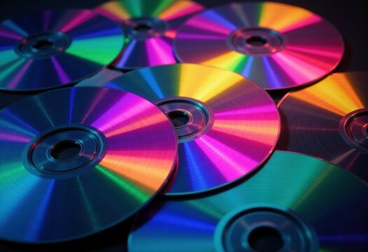 Vibrant array of compact discs reflecting iridescent light