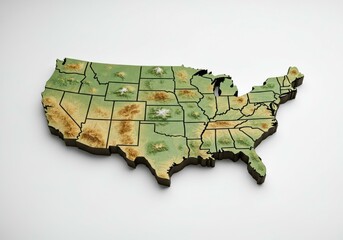 3D topographic map of the United States with state borders and elevation details