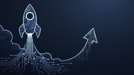 Visionary Ascent: A graphic depiction of a rocket soaring towards the stars, its path artfully illustrated with circuit patterns. this image symbolizes growth, innovation.