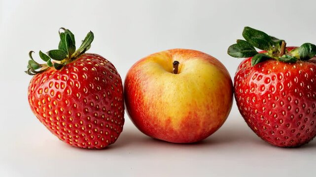 Three fruits, a strawberry, an apple, are arranged in a row.