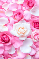Pink and white roses and petals background