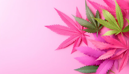 Pink background with colorful cannabis leaves