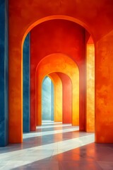 Fototapeta premium Archway Corridor with Orange and Blue Walls and Light Reflections