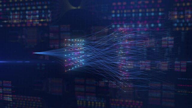 Futuristic Visualization Of Data Flow And Neural Network Activity In A Virtual Environment. Conceptual Animation Representing Machine Learning And Artificial Intelligence Processes. Blue