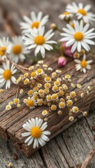 Obraz premium Delicate dried chamomile sprigs rest on rustic wood, surrounded by blooming flowers, dried flowers, floral, botanical