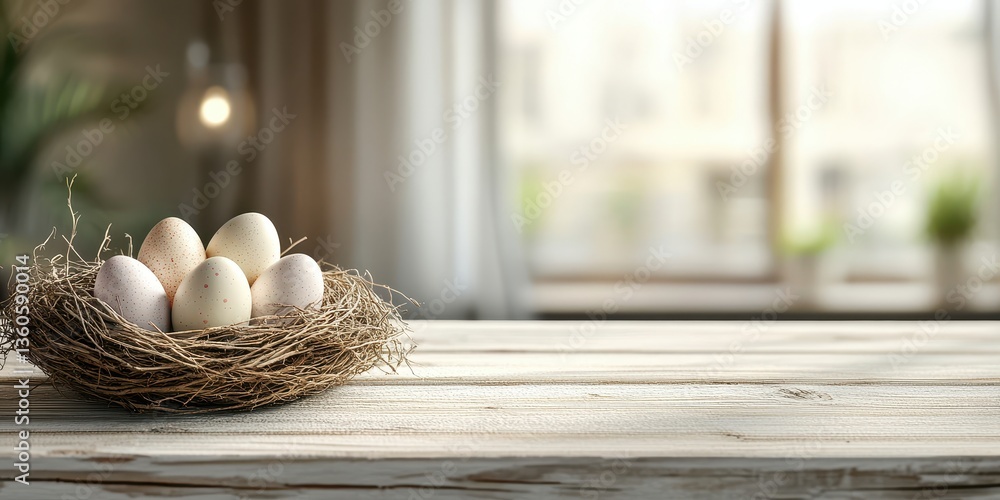 Aufkleber a beautiful arrangement of fresh eggs in a rustic nest on a wooden table with a soft background and 