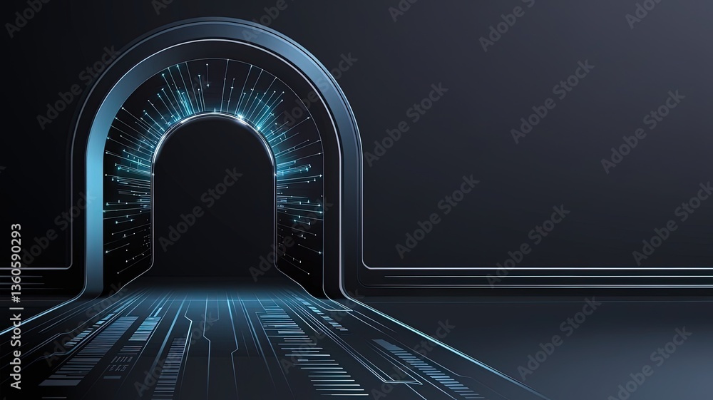 Poster gateway to innovation: an abstract, futuristic gateway with intricate lines and glowing lights, crea