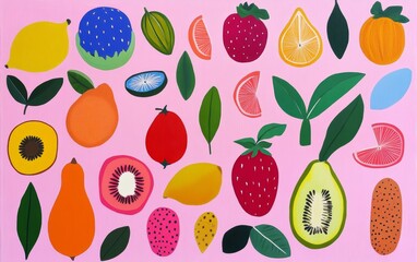 Colorful Collection of Hand-Drawn Fruits and Leaves