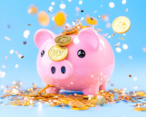 Pink piggy bank overflowing with gold coins and confetti on blue