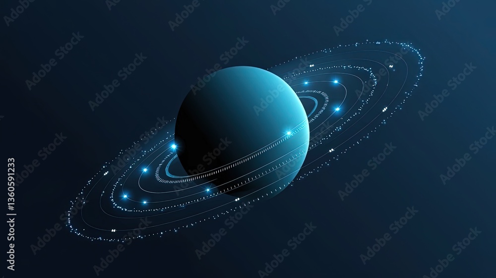 Poster celestial rings: a mesmerizing visualization of a planet encircled by luminous rings, set against a 
