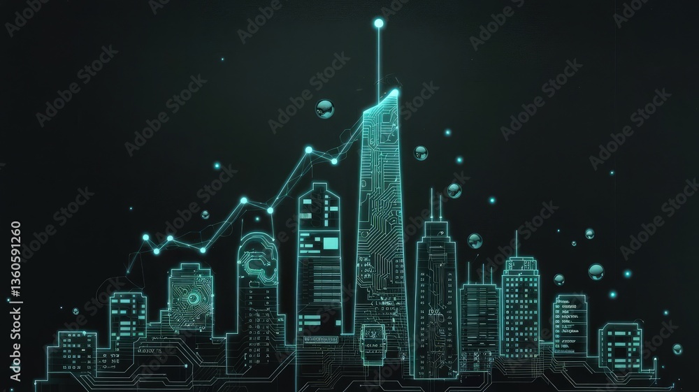 Poster technological metropolis: a futuristic cityscape showcases data visualization, creating an awe-inspi
