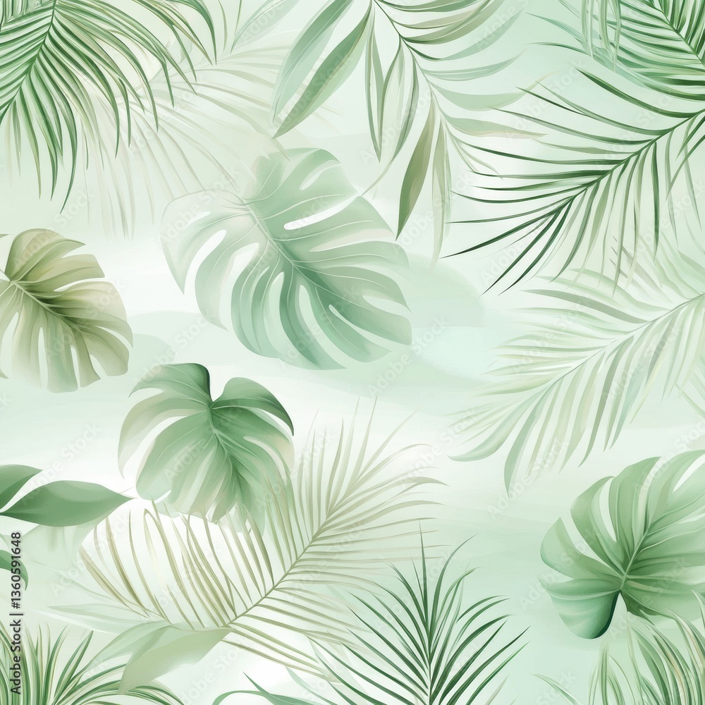 Poster seamless tropical leaves pattern featuring monstera and palm fronds with delicate botanical elements