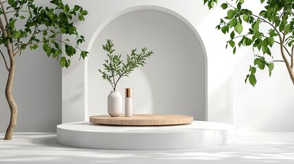 Minimalist luxury pedestal with soft shadows in a white studio interior, perfect for cosmetics.