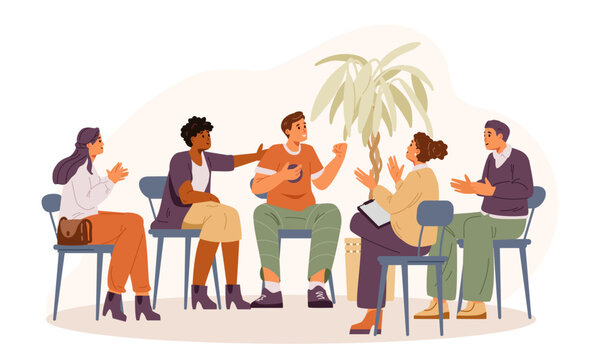 Man sharing his success in group therapy session flat vector illustration. People supporting and congratulating member of the group.