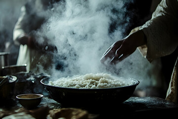 Steaming rice preparation with a traditional touch showcases culinary heritage