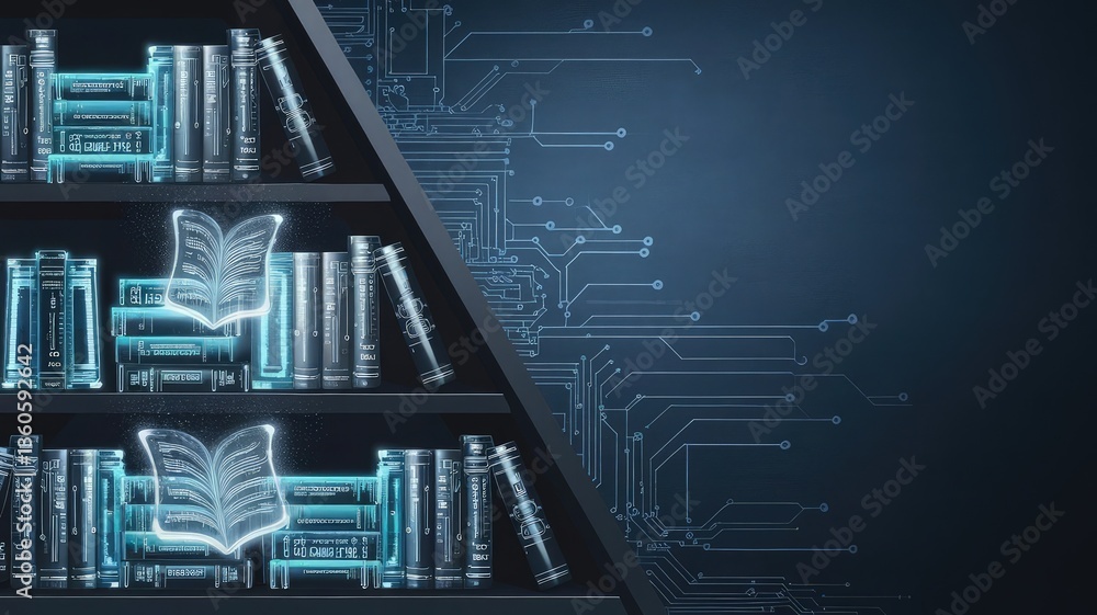 Poster digital library: modern interpretation of a library, with books transformed into digital renderings 