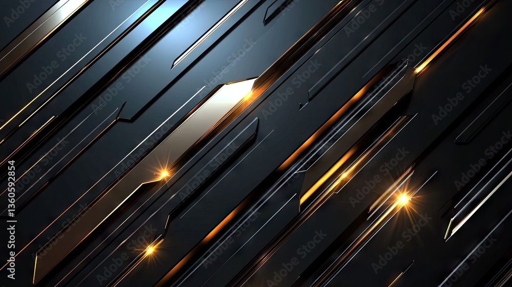 Poster modern black background with diagonal streaks and soft metallic reflections.