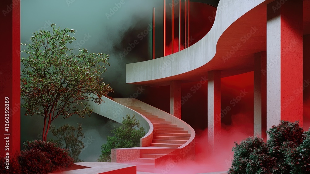 Aufkleber modern curved buildings covered in flowing red mist, creating an atmospheric and moody scene.
