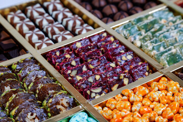Assorted traditional Turkish sweets  delights and dragee,energy balls and filled dry fruits.