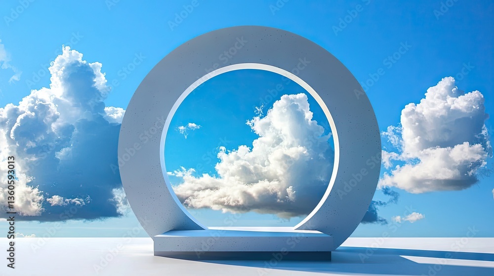 Poster modern surreal blue background with airy clouds passing through a minimalist round shape.