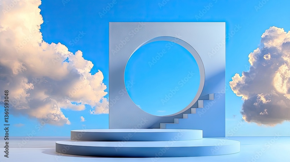 Poster modern surreal blue background with airy clouds passing through a minimalist round shape.