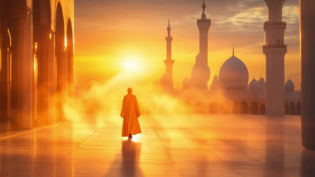 A lone figure walks towards the setting sun, casting a warm glow on a grand mosque.
