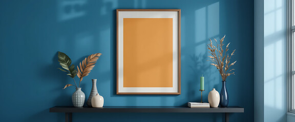 Close up, Home decor Colorful composition on blue wall with mock up poster frame