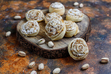 Delicious homemade meringue roll round cookies with nuts.