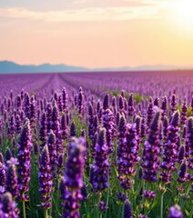 Naklejka premium Vast field of purple lavender flowers under a bright sky, photography, rural