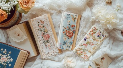 A charming natural light setting with handmade fabric bookmarks