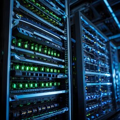Realistic AI-generated illustration of a close-up server rack in a modern data center, illuminated by blue and neon lights, showcasing cables, cooling vents, and blinking LEDs. No people present.