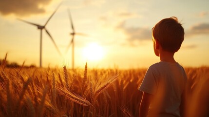 Child gazes at sunset over wheat field and wind turbines