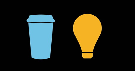 Blue coffee cup and yellow light bulb on black background, symbolizing creativity