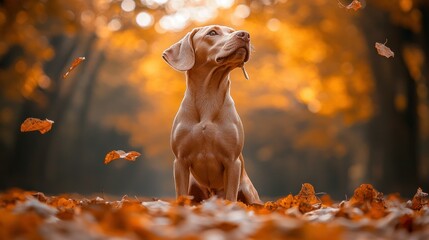 Autumnal dog in a forest.  A fawn-colored dog sits amidst a carpet of vibrant fall leaves, gazing upwards in a serene autumnal setting