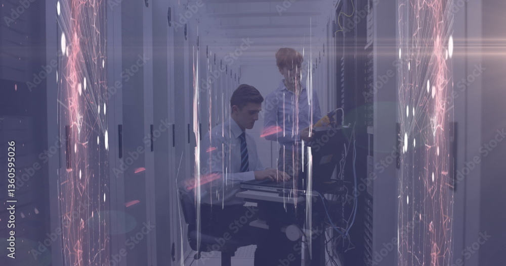 Aufkleber image of network of connections and glowing spot of light against two technicians working
