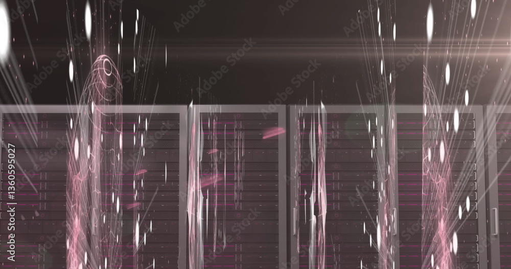 Poster digital image of glowing spots of light and data processing against multiple servers