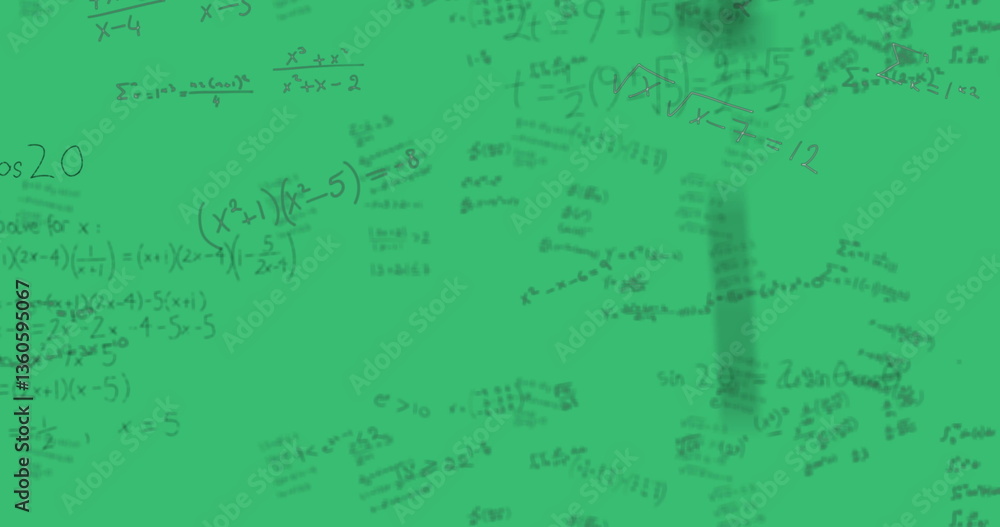 Poster mathematical equations and formulas written on green chalkboard in classroom