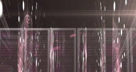 Digital image of Glowing spots of light and data processing against multiple servers