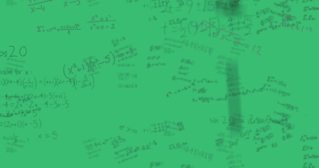 Mathematical equations and formulas written on green chalkboard in classroom