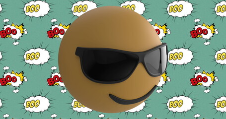 Image of sunglasses face emoji on the boom! text on green background